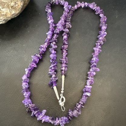 Purple Amethyst Southwestern Nugget Bead Sterling Silver Necklace 27” 19017