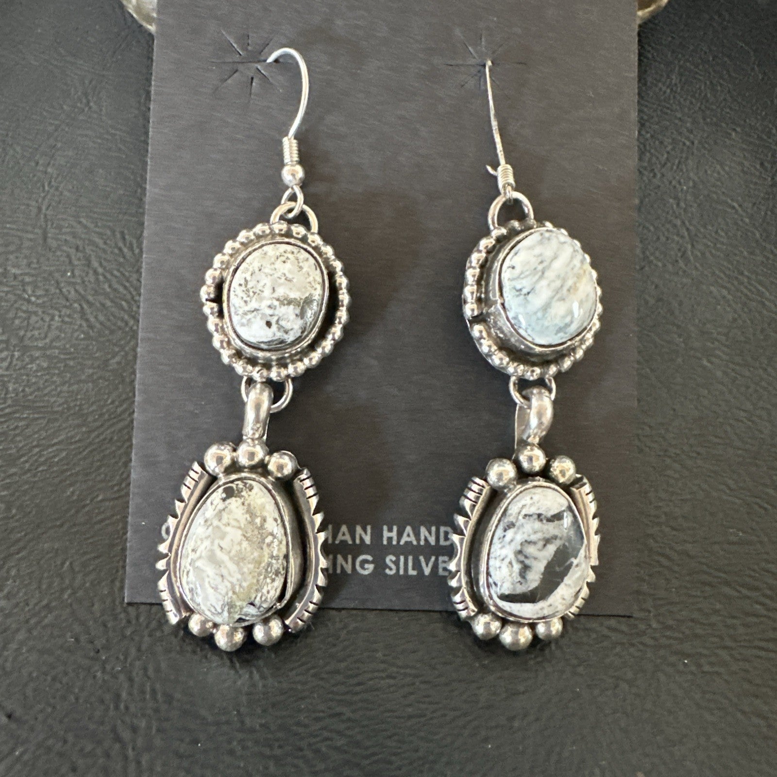 Womens Navajo White Buffalo Turquoise Sterling Silver Dangle Earrings 2" 19309