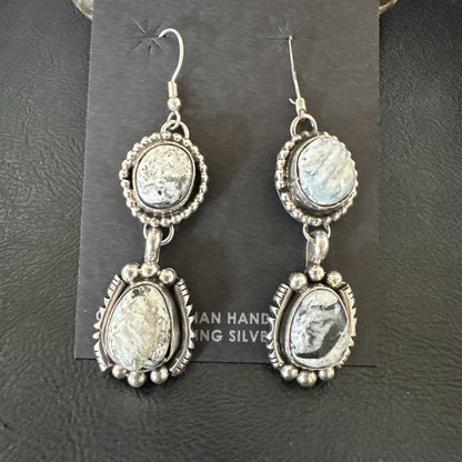 Womens Navajo White Buffalo Turquoise Sterling Silver Dangle Earrings 2" 19309
