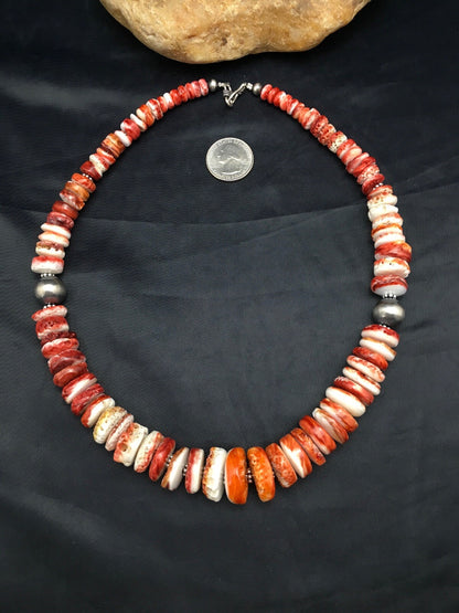 Native American Red Spiny Oyster Navajo Sterling Silver Necklace 20" 04026