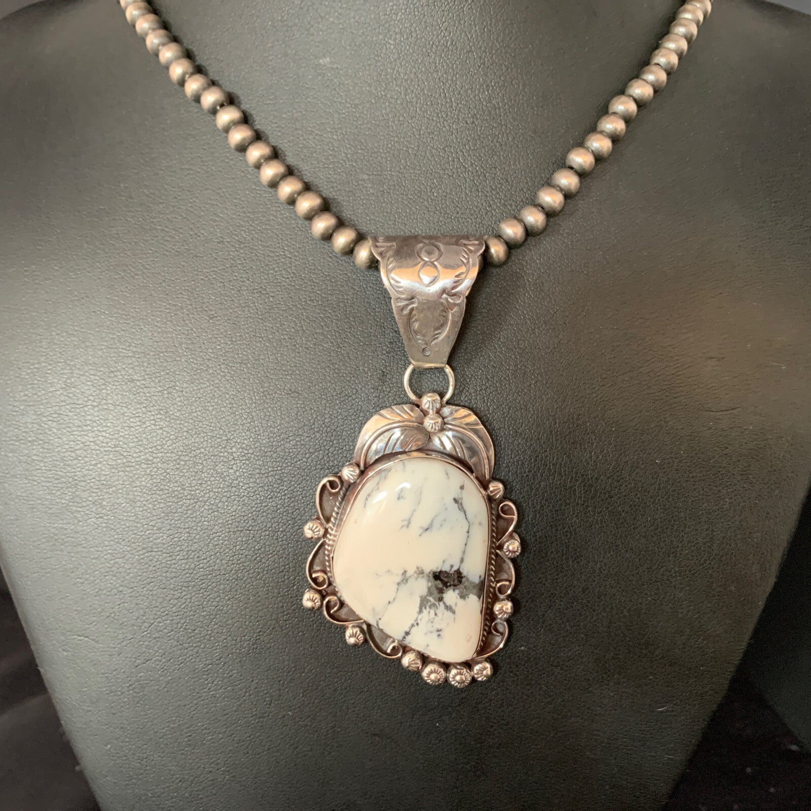 White Buffalo Turquoise Pendant Necklace Sterling Silver Navajo 13993