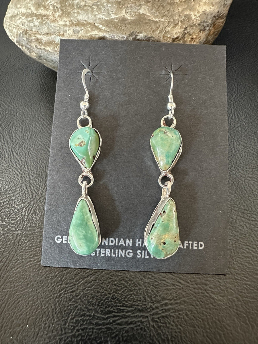 Green Royston Turquoise Navajo Sterling Silver Dangle Earrings 19380