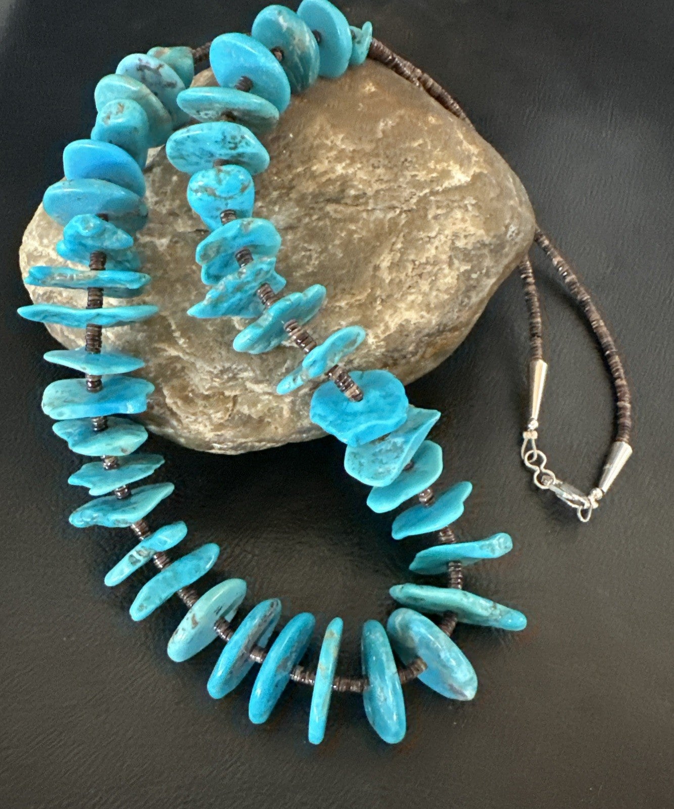 Navajo Kingman Turquoise Shell Heishi Sterling Silver Bead 24” Necklace 19633