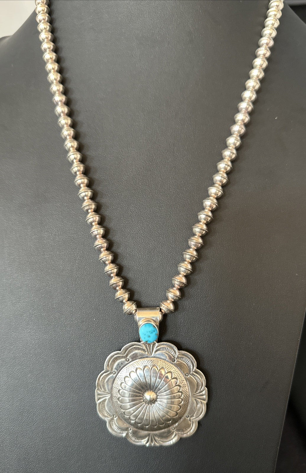 H Joe Navajo Sterling Silver Pendant Blue Kingman Turquoise Necklace 25”19443