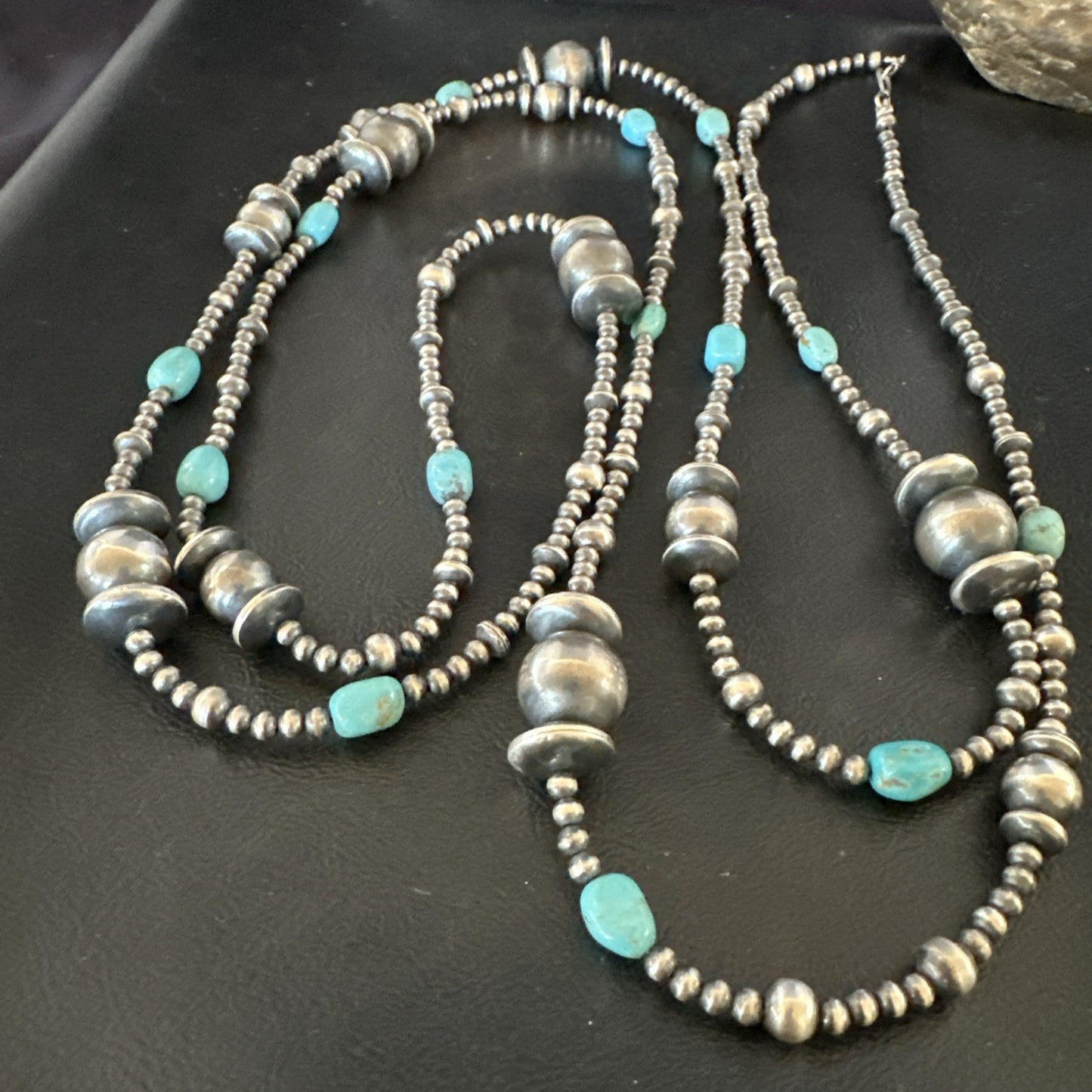 Native Navajo Sterling Silver Beads Blue Turquoise 72 in Necklace 19117