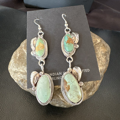Green Royston Turquoise Navajo Sterling Silver Dangle Earrings 19603