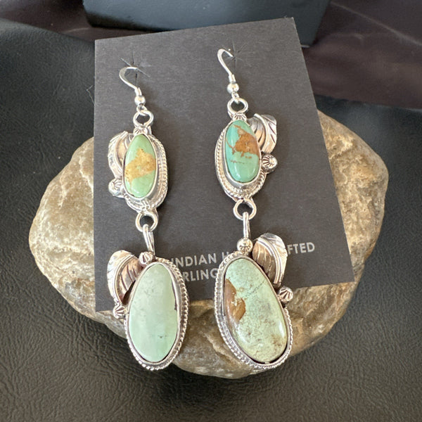 Green Royston Turquoise Navajo Dangle Earrings | Sterling Silver | Authentic Native American Handmade | 19603