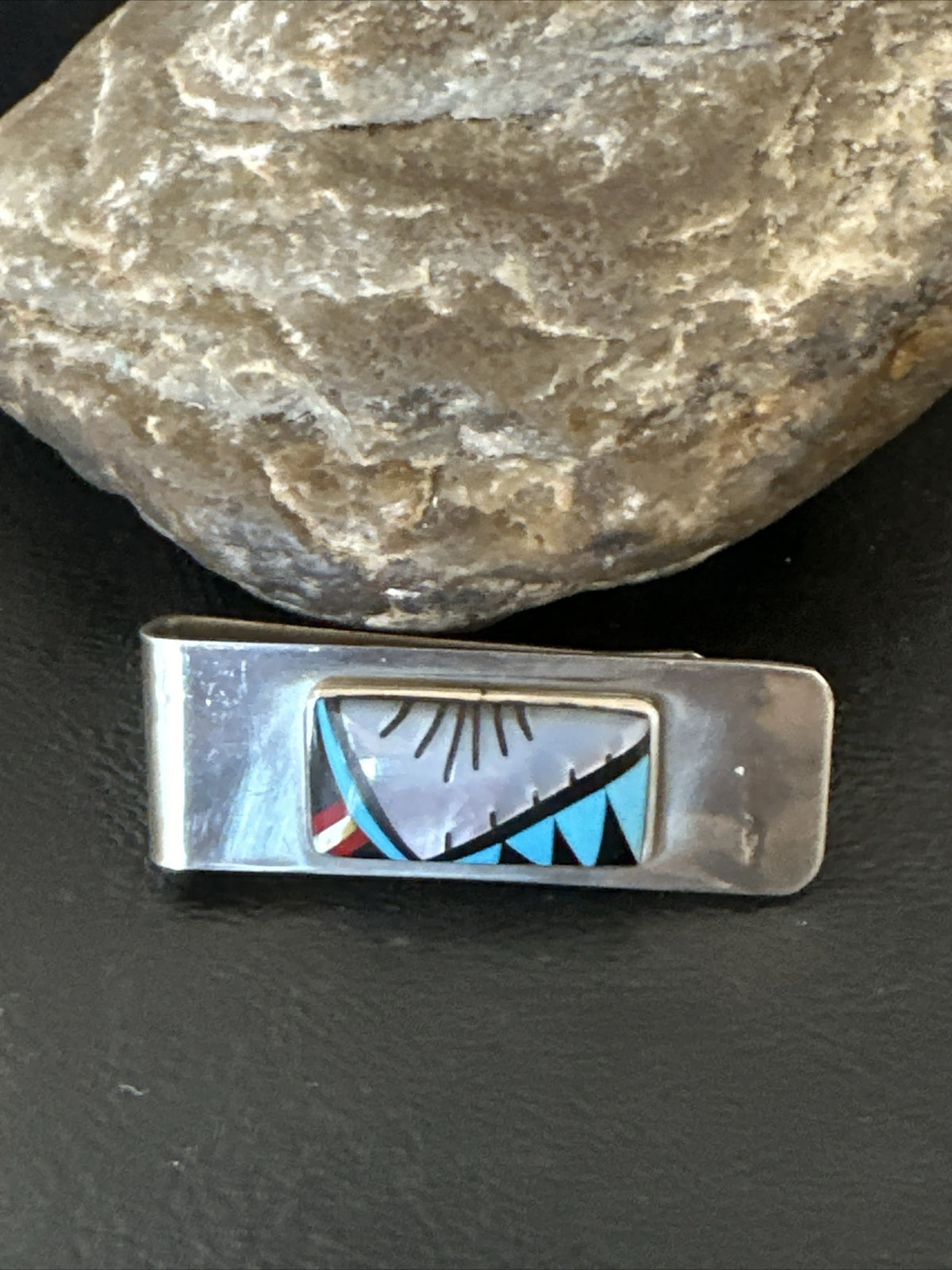 A Zuni Mens Turquoise Spiny Inlay Stainless Sterling Silver Money Clip 17834