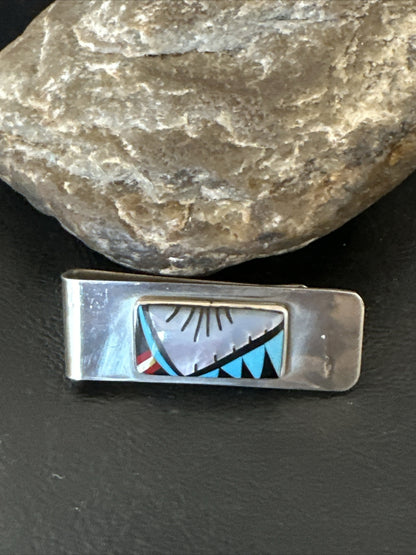 A Zuni Mens Turquoise Spiny Inlay Stainless Sterling Silver Money Clip 17834