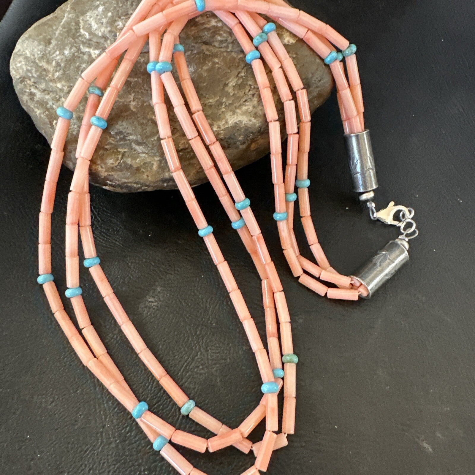 Native American Turquoise Pink Coral Sterling Silver 3 Strand Necklace 21" 17816