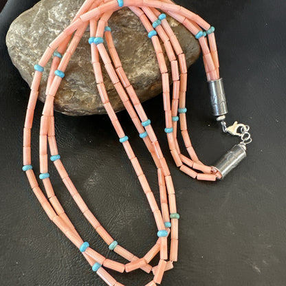 Native American Turquoise Pink Coral Sterling Silver 3 Strand Necklace 21" 17816