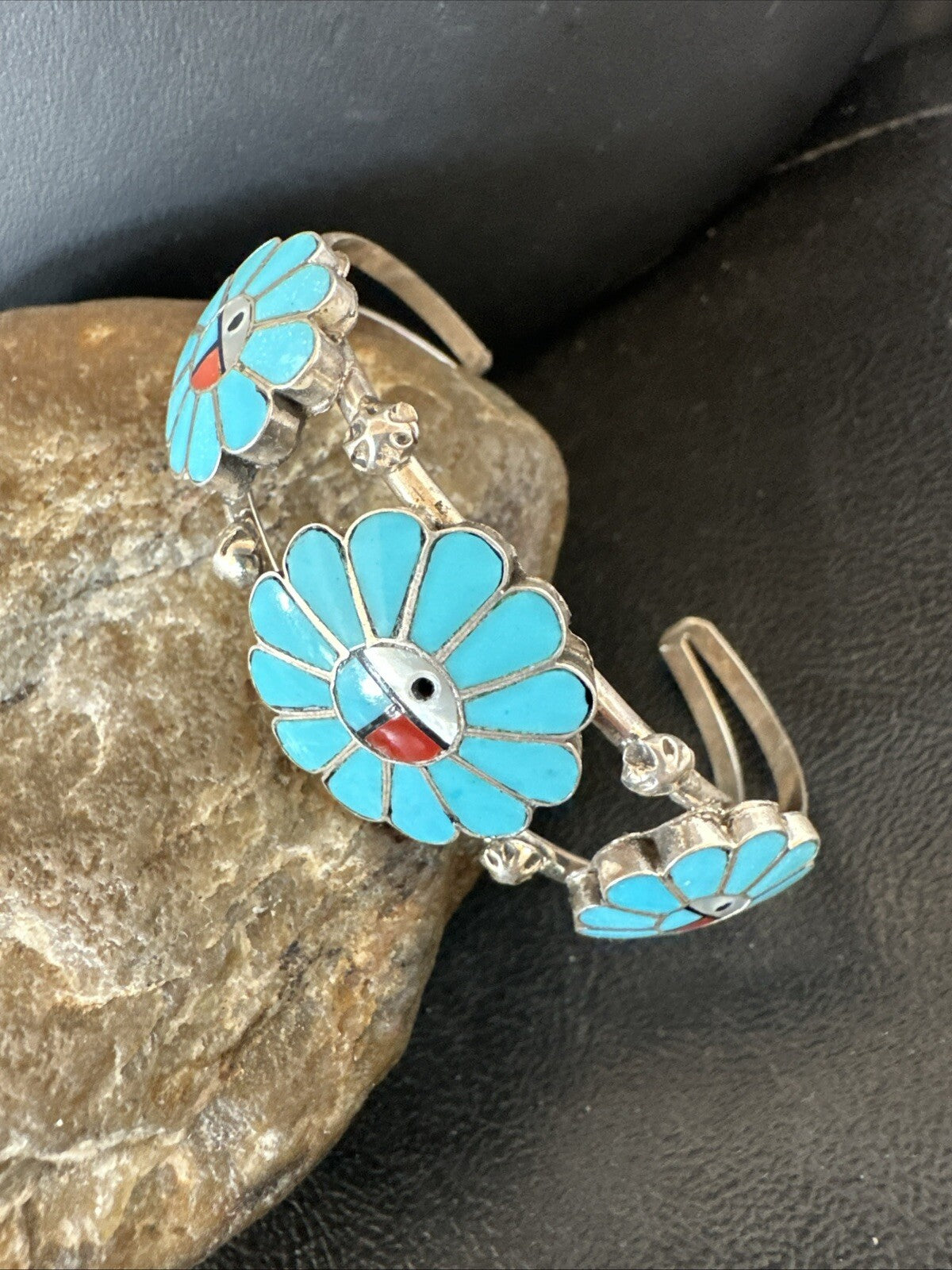 Blue Turquoise Coral MOP Zuni Sterling Silver Inlay Sunface Cuff Bracelet 18873