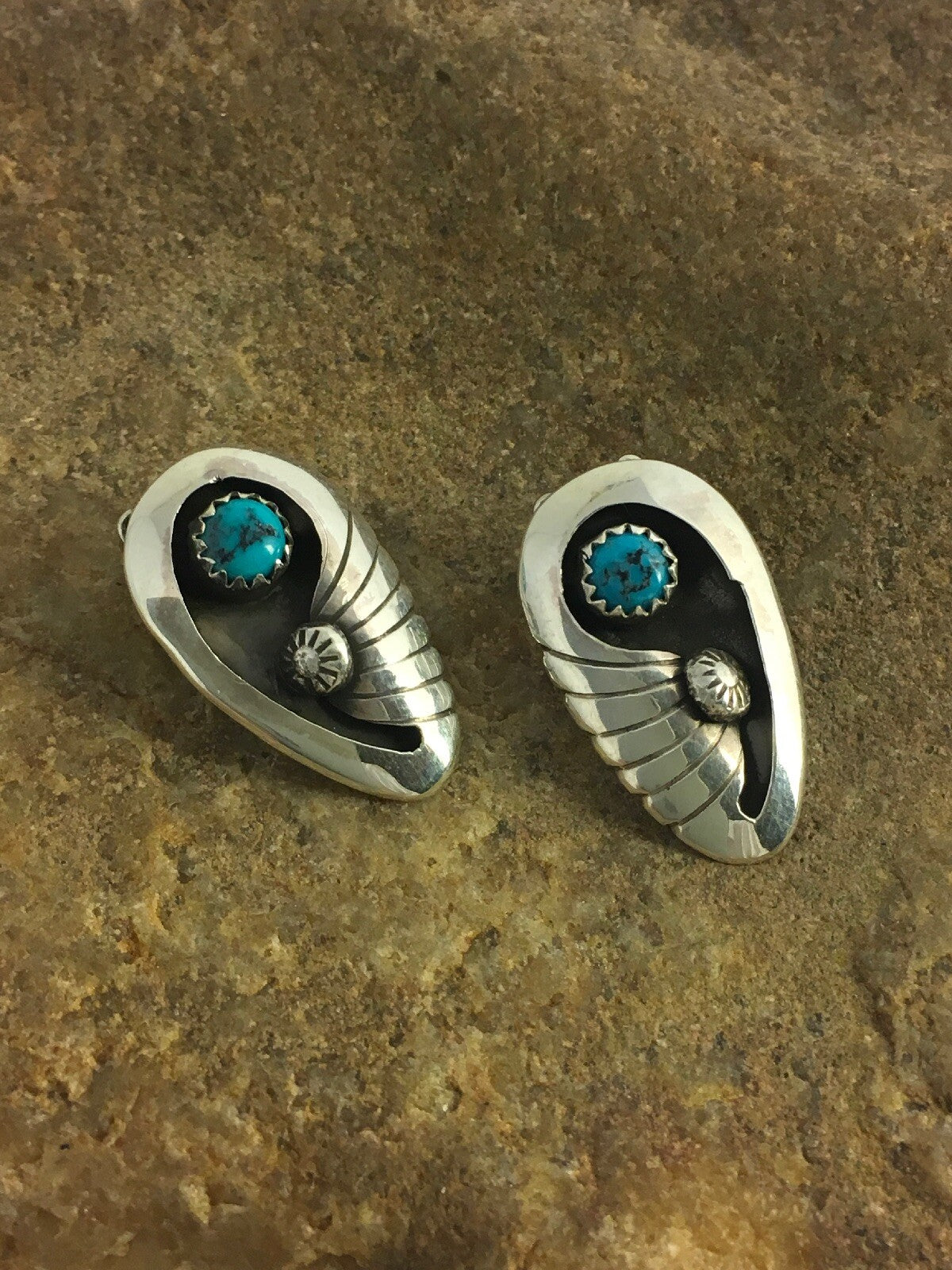 Blue Turquoise Clip-on Navajo Sterling Silver Old Pawn Earrings Set 08864