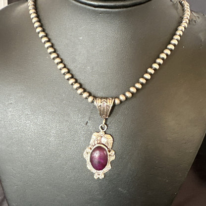 Purple Stone Pendant Navajo Pearls Sterling Silver Necklace 20” 18047