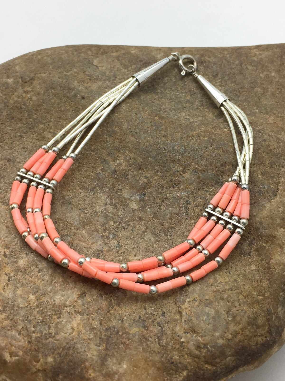 Native Pink Coral 5 Strand Heishi Liquid Sterling Silver Bracelet 7" 4345