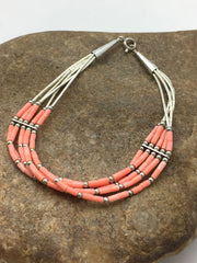 Pink Coral 5 Strand Heishi Liquid Bracelet 7" | Sterling Silver | Authentic Native American Handmade | 4345