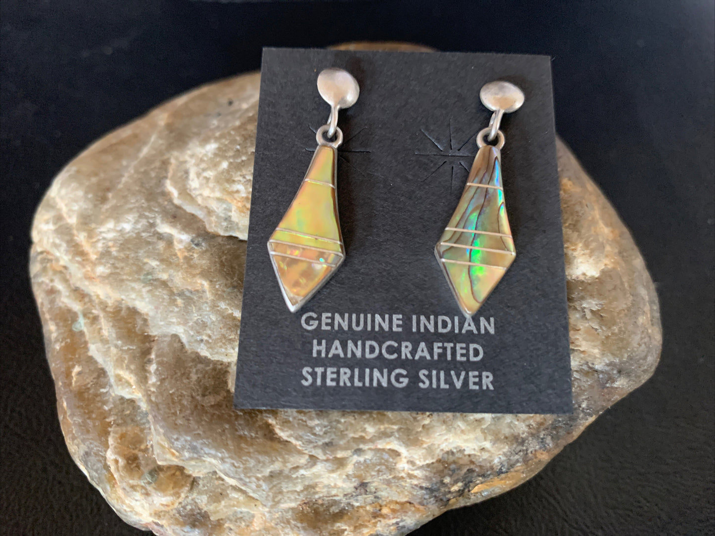 Native Minimalist Navajo Pava Shell Inlay Sterling Silver Earrings 1" 13070