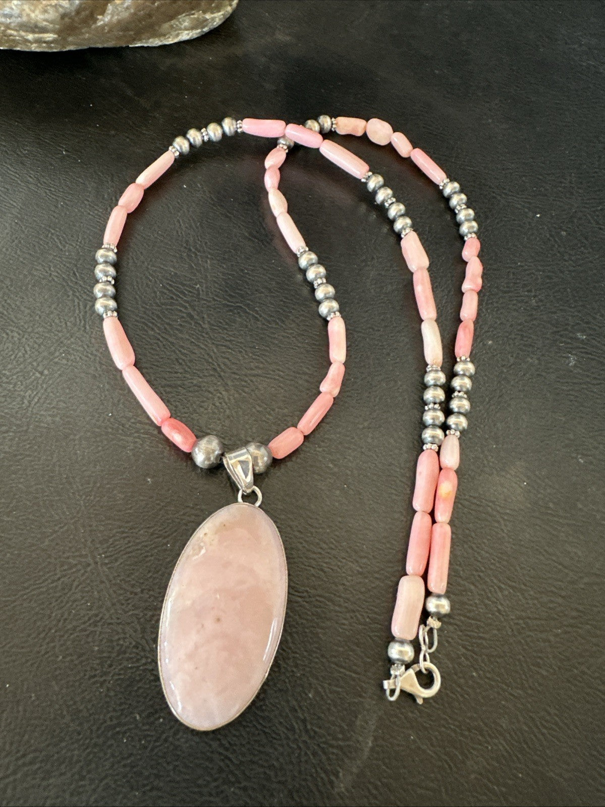 Southwestern Sterling Silver Pink Coral Bead Necklace Quartz Pendant 24" 19586