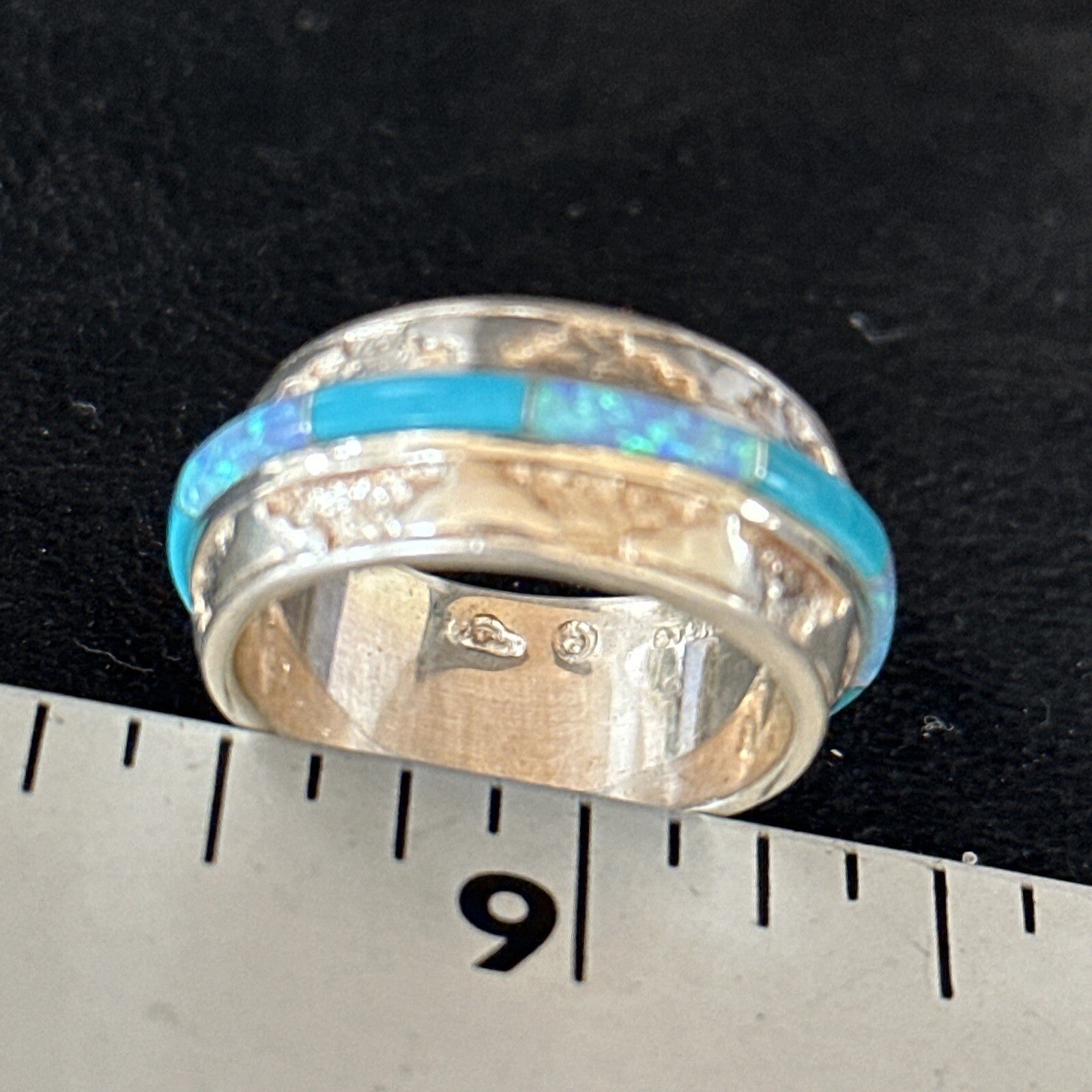 Turquoise & Opal Inlay Navajo Sterling Silver Eternity Band Ring Size 8 14542