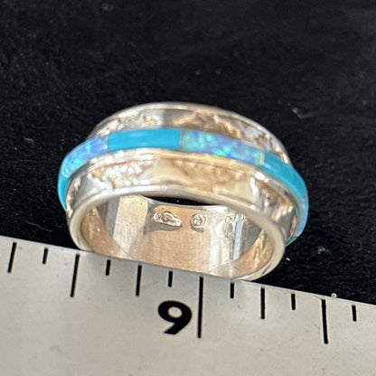 Turquoise & Opal Inlay Navajo Sterling Silver Eternity Band Ring Size 8 14542