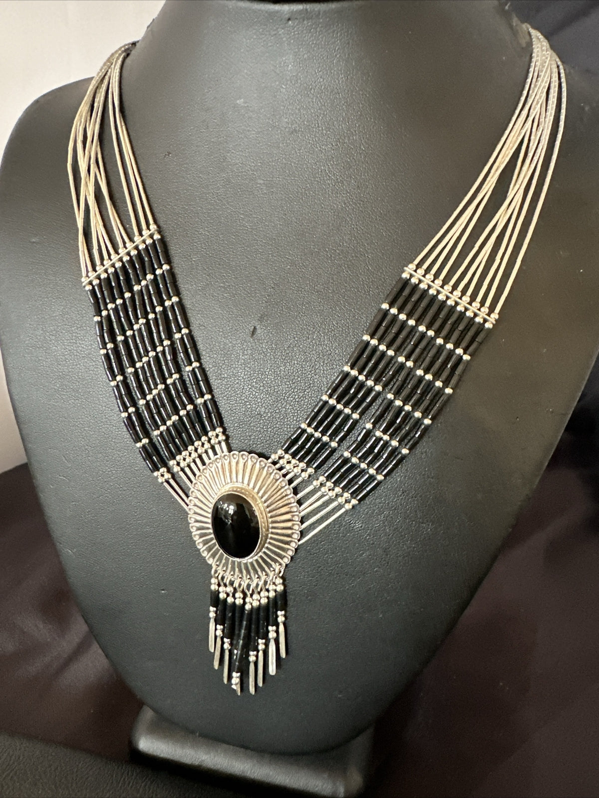 Black Onyx Liquid Silver 10S Heishi Tubes 19" Necklace Concho Pendant 17707
