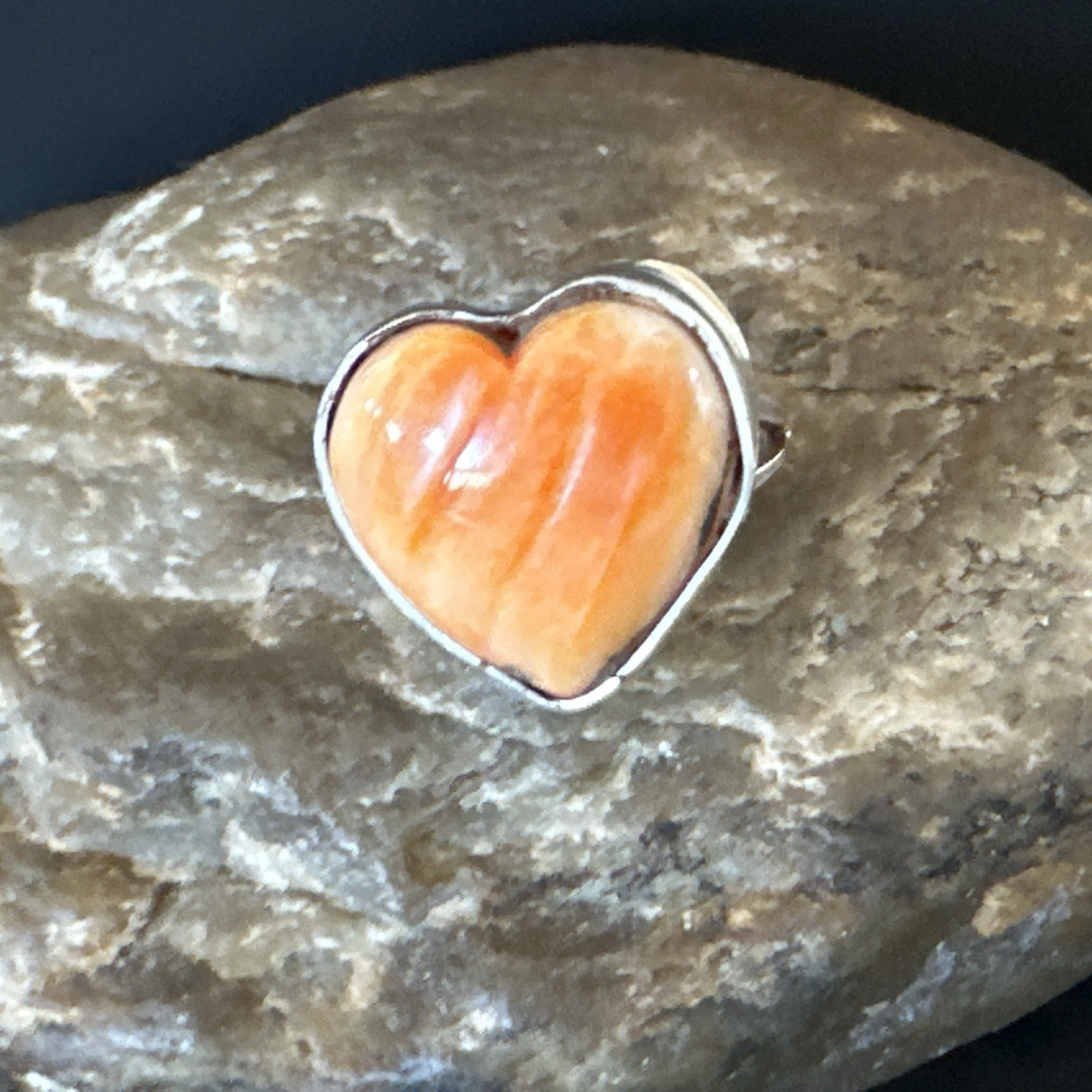 Orange Heart Ring Handmade Navajo Spiny Oyster Sterling Silver Sz 7.5 19331