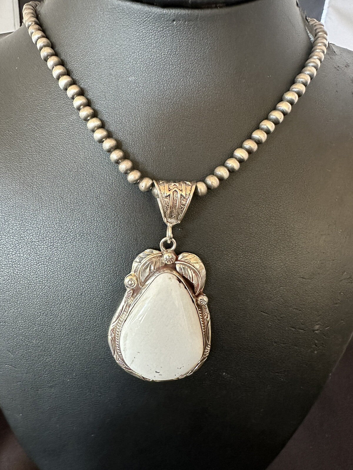 Mens White Buffalo Turquoise Pendant Sterling Silver Beads Necklace 18310