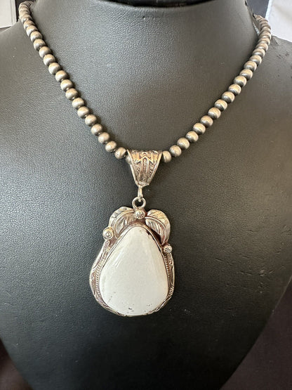 Mens White Buffalo Turquoise Pendant Sterling Silver Beads Necklace 18310