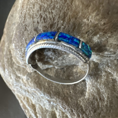Blue Opal Navajo Sterling Silver Band Inlay Ring Size 7.5 19724