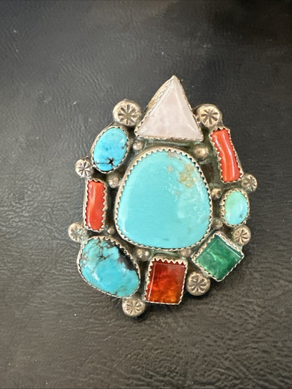 Old Pawn Navajo Blue Turquoise Coral Ring Multi-Stone Cluster Sz 9 19825