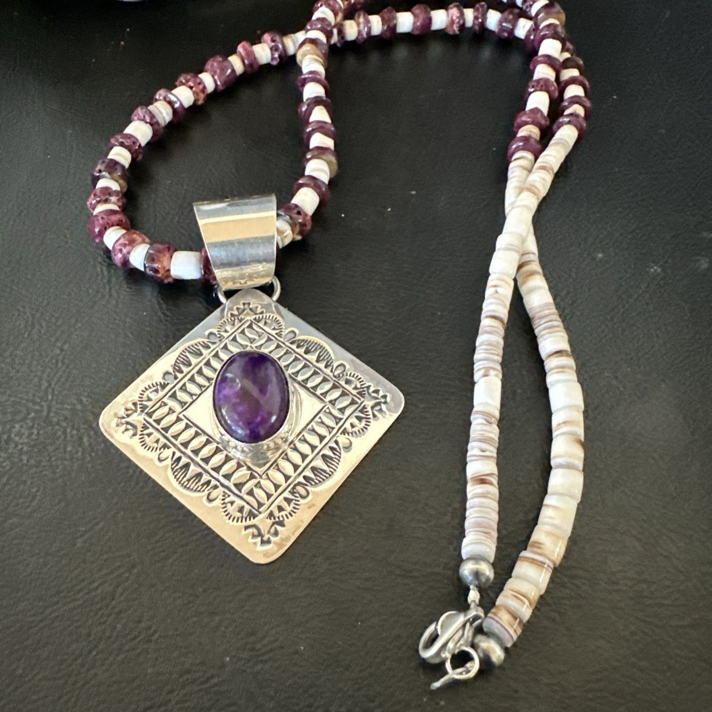 H Joe Purple Spiny Oyster Pendant Shell Sterling Silver Necklace 26” 19544