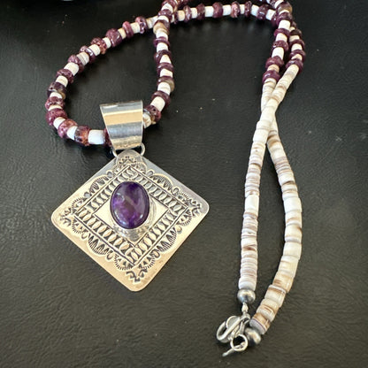 H Joe Purple Spiny Oyster Pendant Shell Sterling Silver Necklace 26” 19544