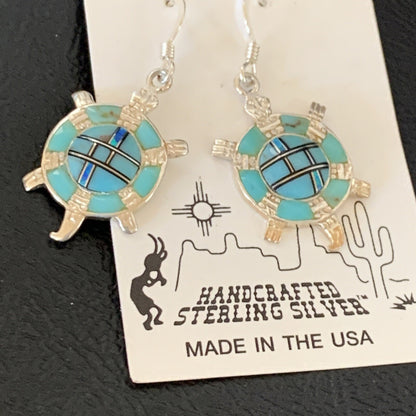 Turquoise & Opal Navajo Sterling Silver Inlay Turtle Earrings 0.5" 12015