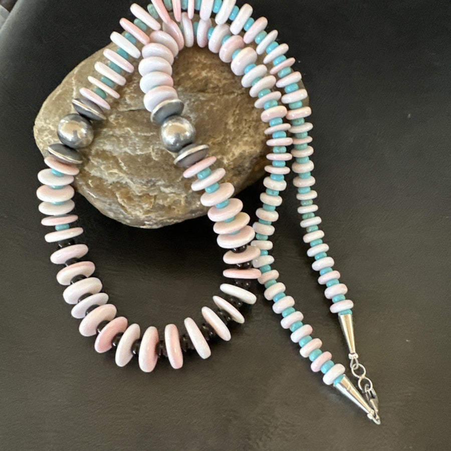 Pink Queen Conch Turquoise Graduated Navajo Sterling Silver Necklace 24” 19016