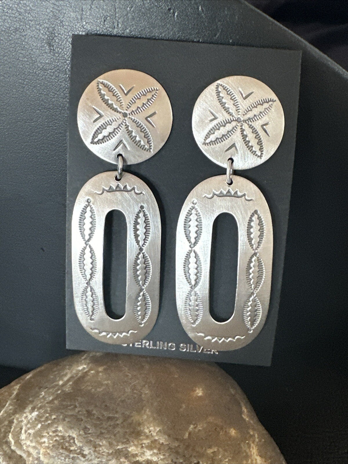 Popular Navajo Stamped Sterling Silver Stamped Handmade Earrings 2.75" 17857