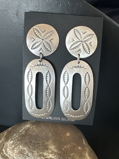 Popular Navajo Stamped Sterling Silver Stamped Handmade Earrings 2.75" 17857