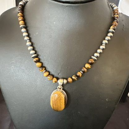 Coffee Brown Tigers Eye Sterling Silver Pendant Necklace Southwestern 18288