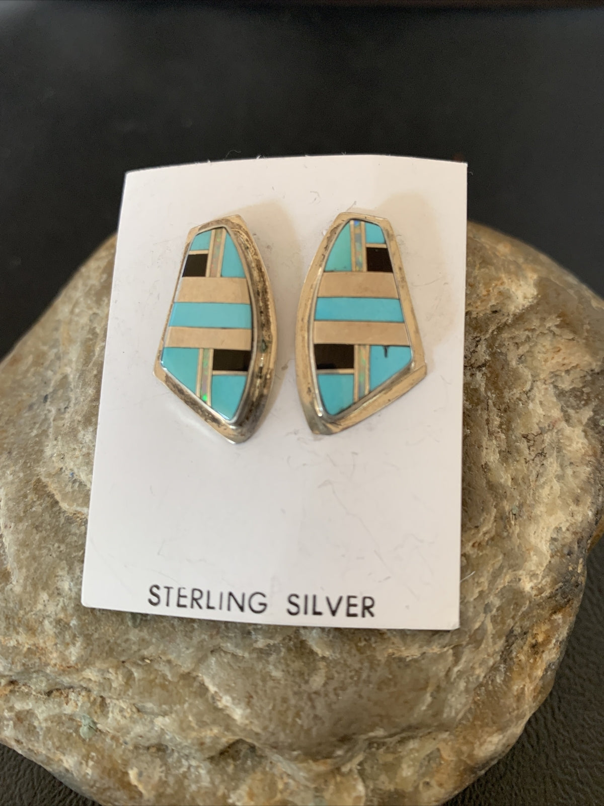 Turquoise & Onyx Inlay Zuni Sterling Silver Old Pawn Earrings 2042