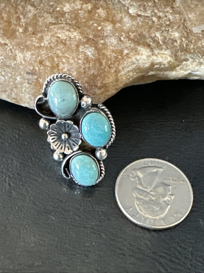 Yazzie Ring Green Turquoise Navajo Sterling Silver Cluster Size 8 19222