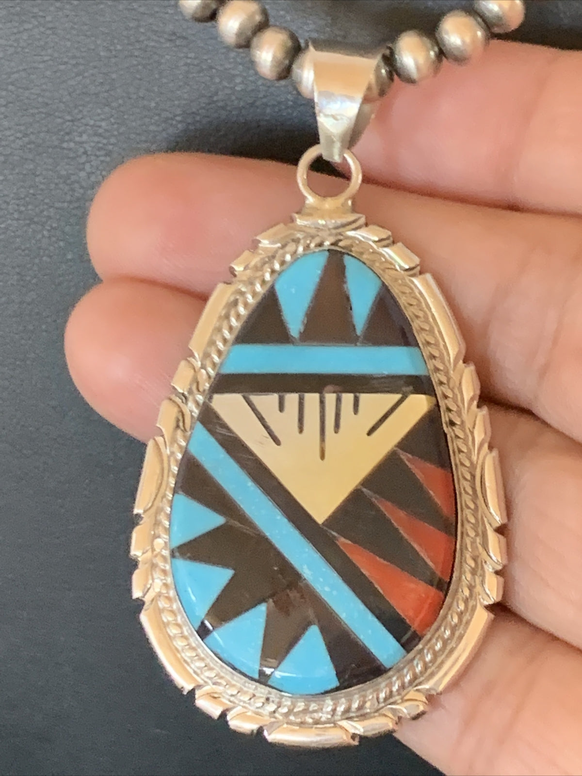 Turquoise Mother Of Pearl Coral Onyx Pendant Zuni Sterling Silver Necklace 12260
