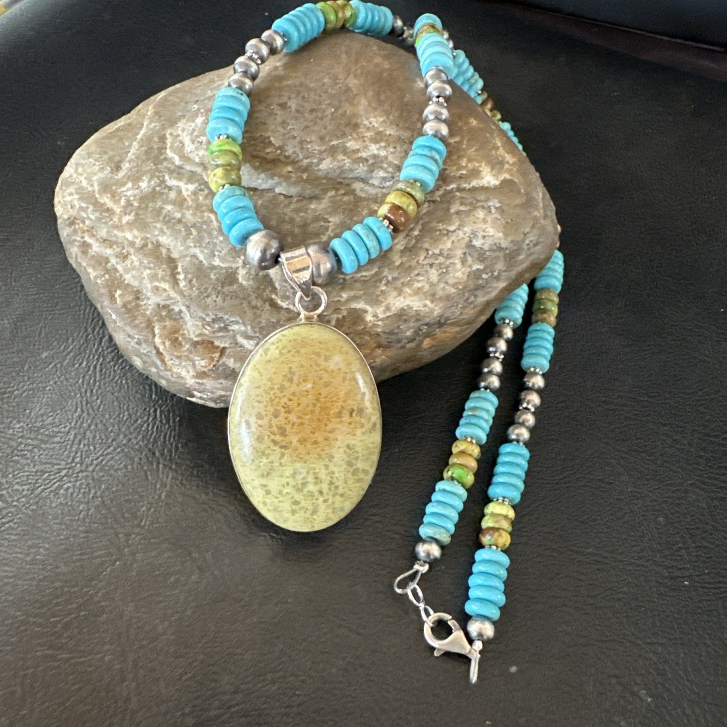 Green Gaspeite Pendant Blue Turquoise Navajo Sterling Silver Necklace 20" 19667