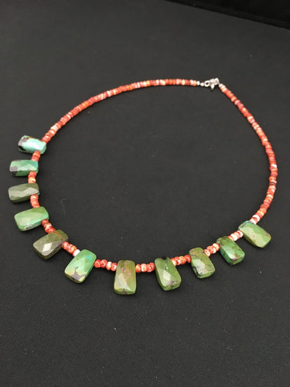 Spiny Oyster & Faceted Turquoise Navajo Sterling Silver Necklace 20" 04917