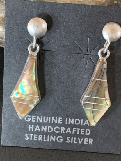 Native Minimalist Navajo Pava Shell Inlay Sterling Silver Earrings 1" 13070