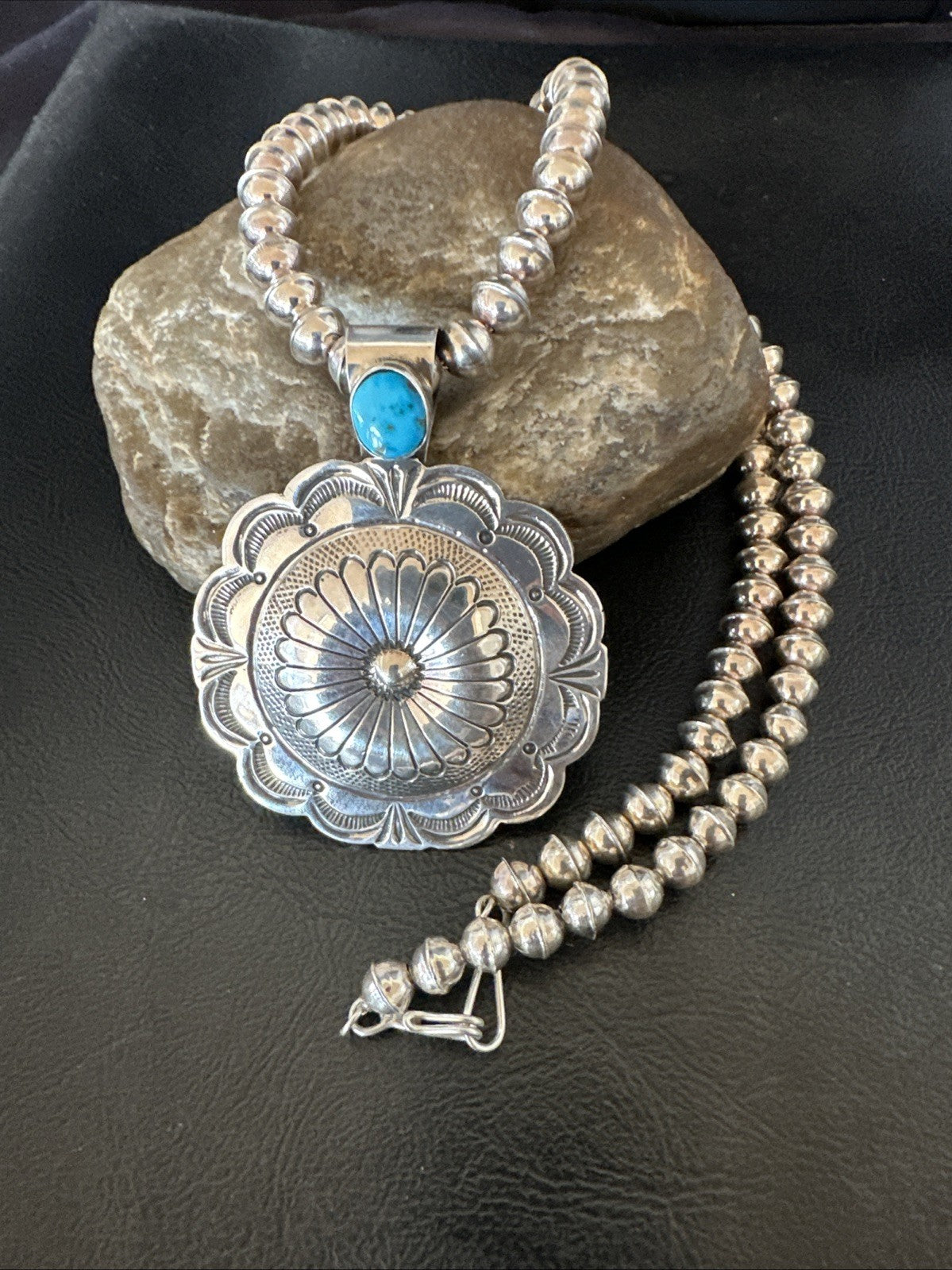 H Joe Navajo Sterling Silver Pendant Blue Kingman Turquoise Necklace 25”19443