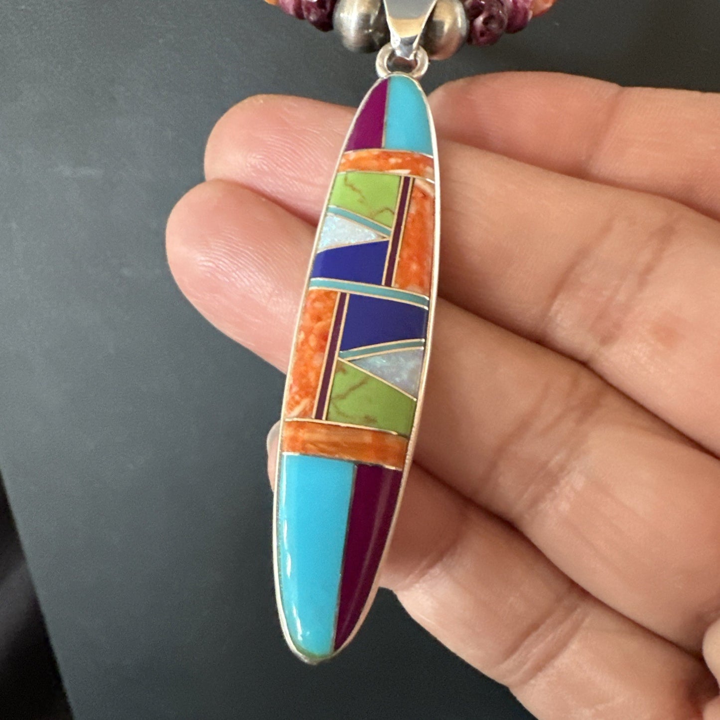 Multicolor Turquoise Spiny Navajo Sterling Silver Inlay Pendant Necklace 19643