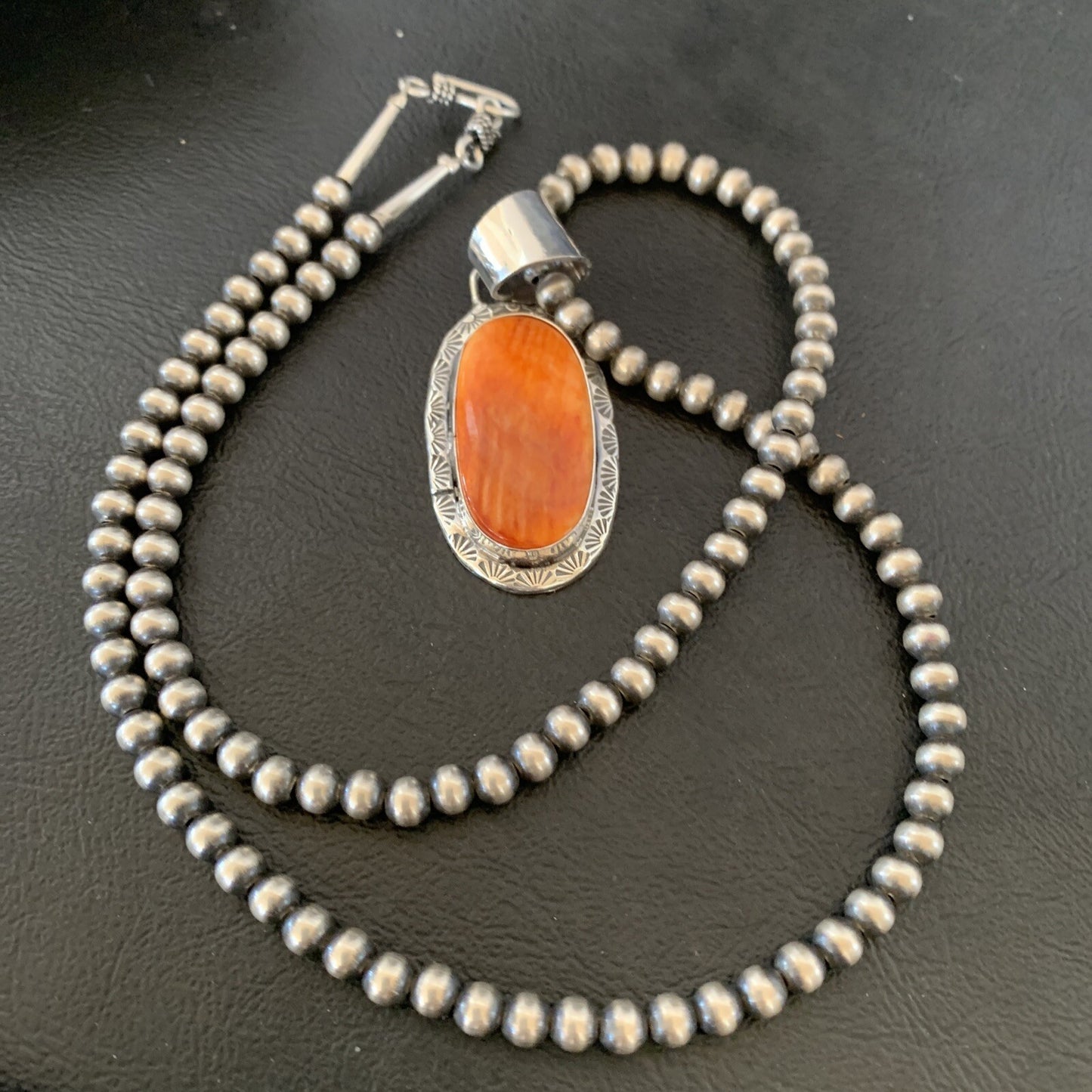 Navajo Sterling Silver Spiny Orange Oyster Necklace Pendant Set2” 14737