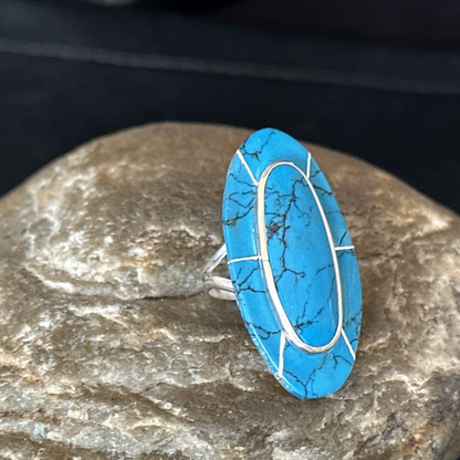 Native American Indian Navajo Blue Turquoise Inlay Band Ring Sz 6 18761