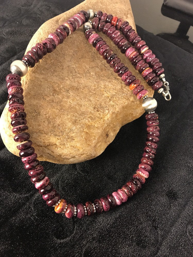 Purple Spiny Oyster 10 mm Bead Navajo Sterling Silver Beads Necklace 00409