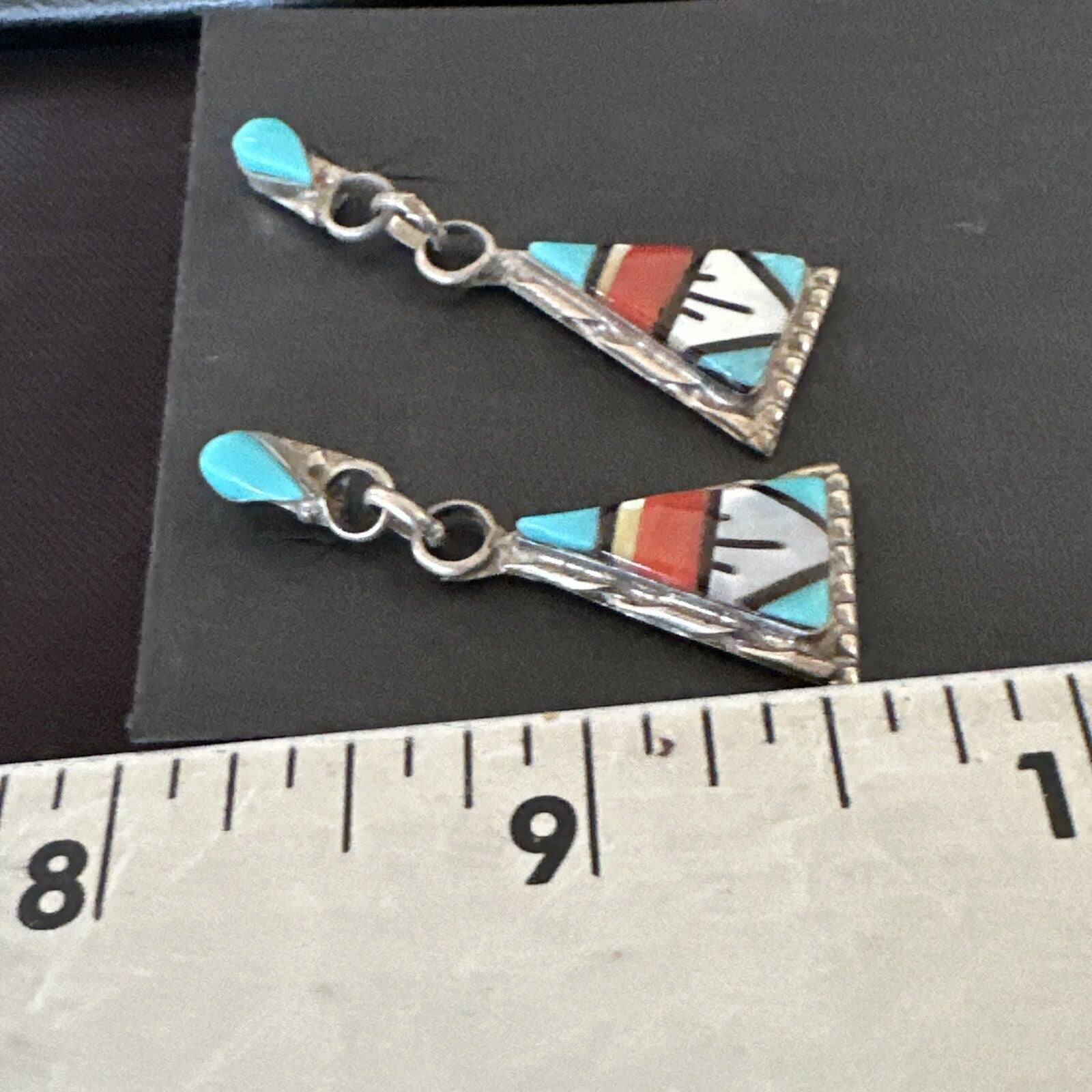Turquoise Onyx Inlay Zuni Sterling Silver Old Pawn Earrings 00269