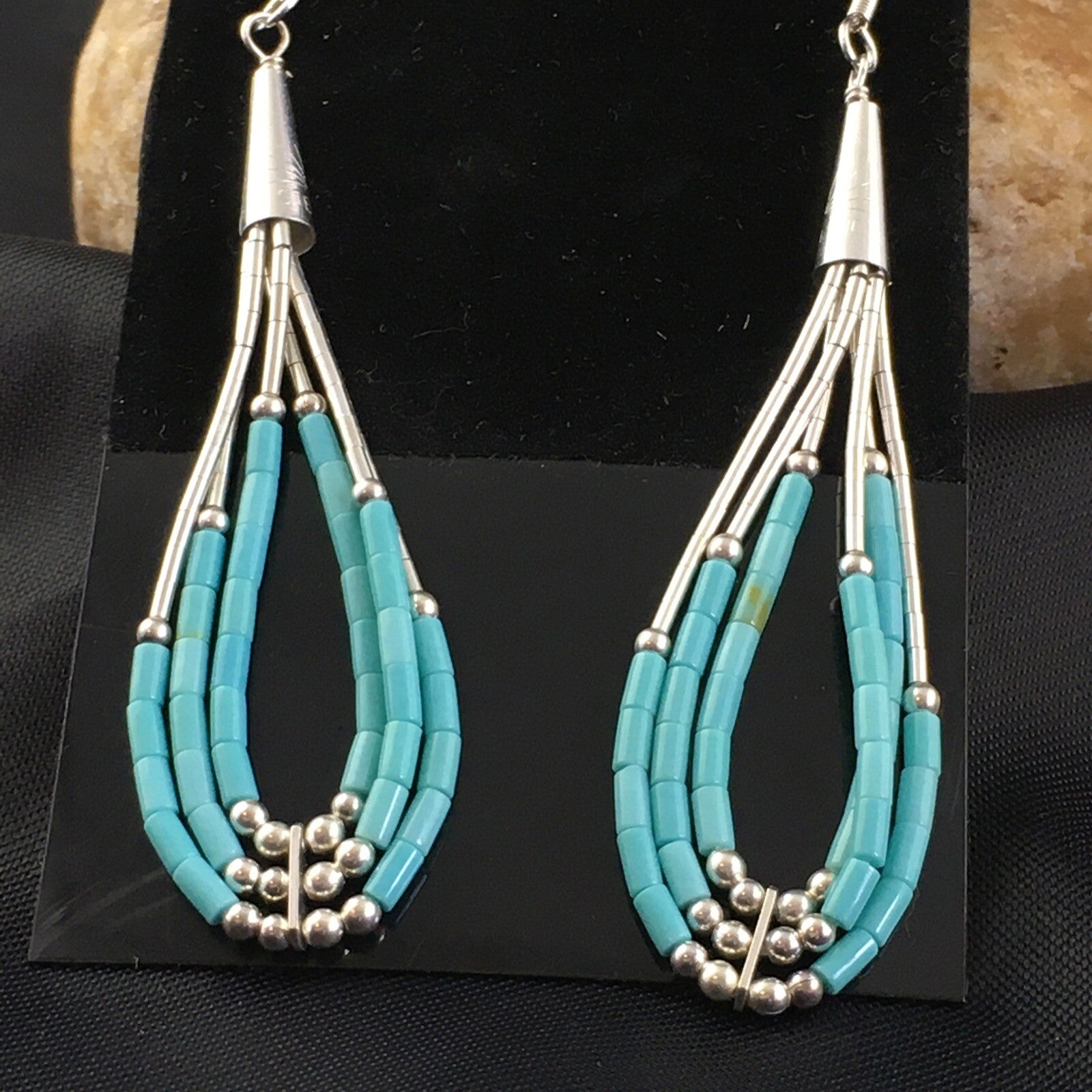 Blue Turquoise 3 Strands Heishi Liquid Sterling Silver Dangle Earrings 01969
